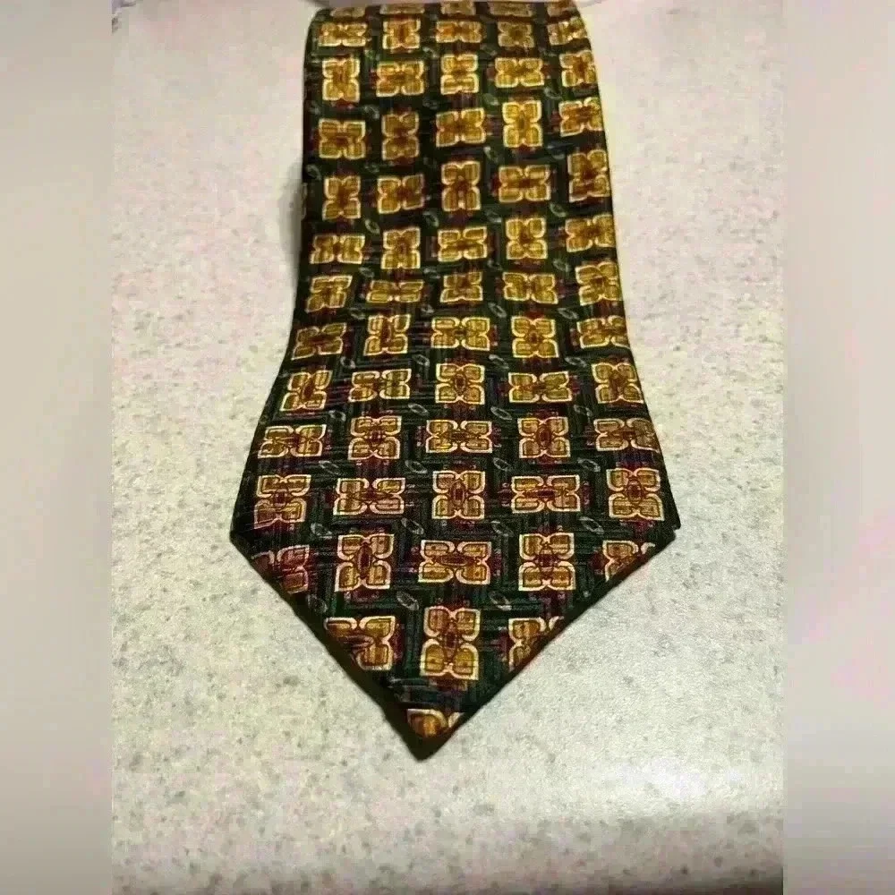 Robert Talbott Silk Necktie Green/Gold Square Print Handsewn